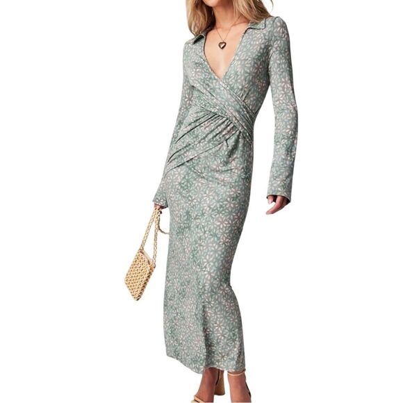 Free People NWT Mint Print Shayla Faux Wrap Maxi Long Sleeve Wrap Dress - Picture 5 of 16